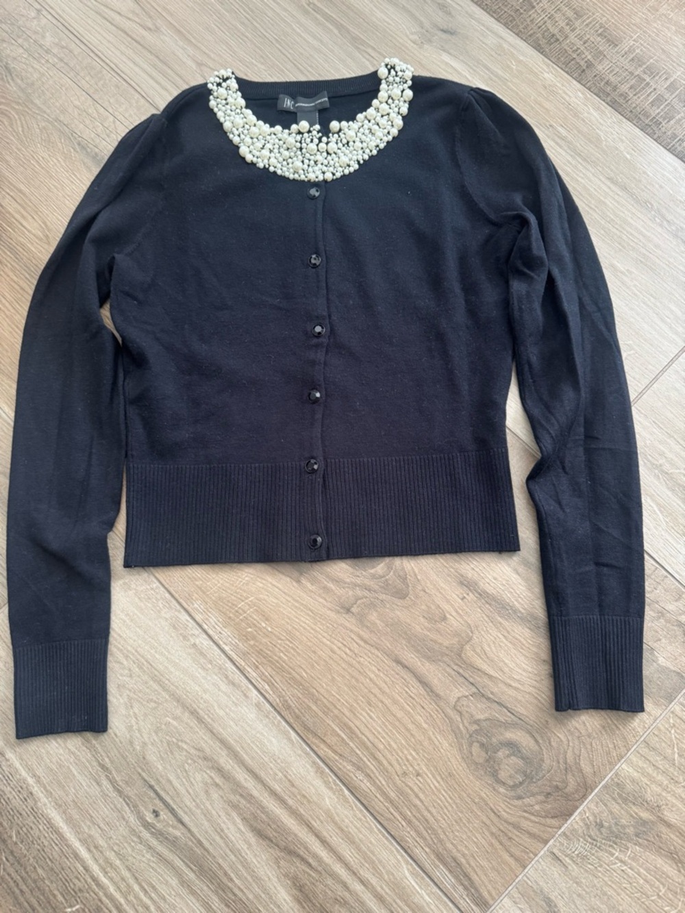 INC - Embellished Pearl Collar Black Cardigan